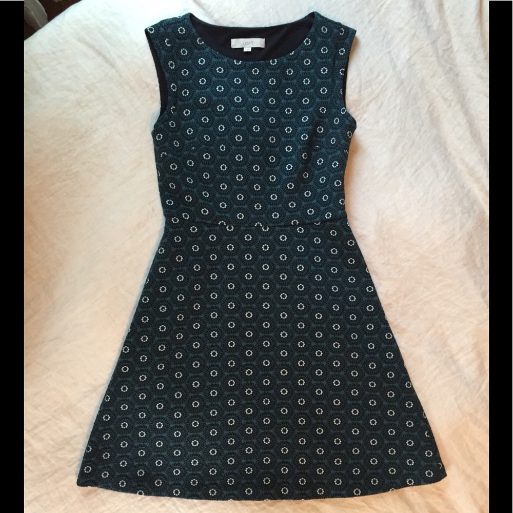 Loft Green/Black/White Floral Dots Dress